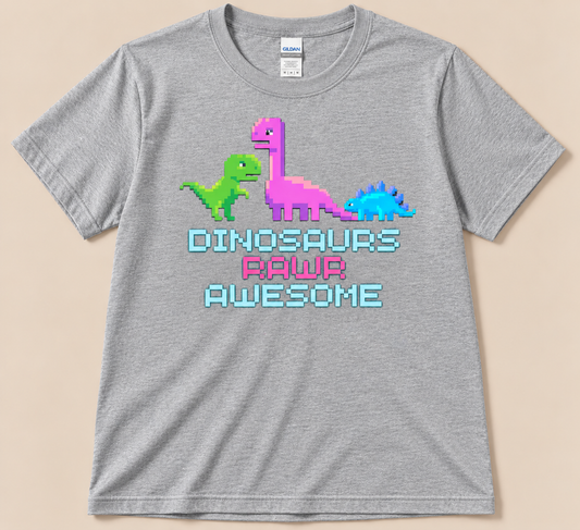 Sport Gray Gildan 5000 Dinosaurs Rawr Awesome Pixel Tee with colorful green pink and blue pixel dinosaurs