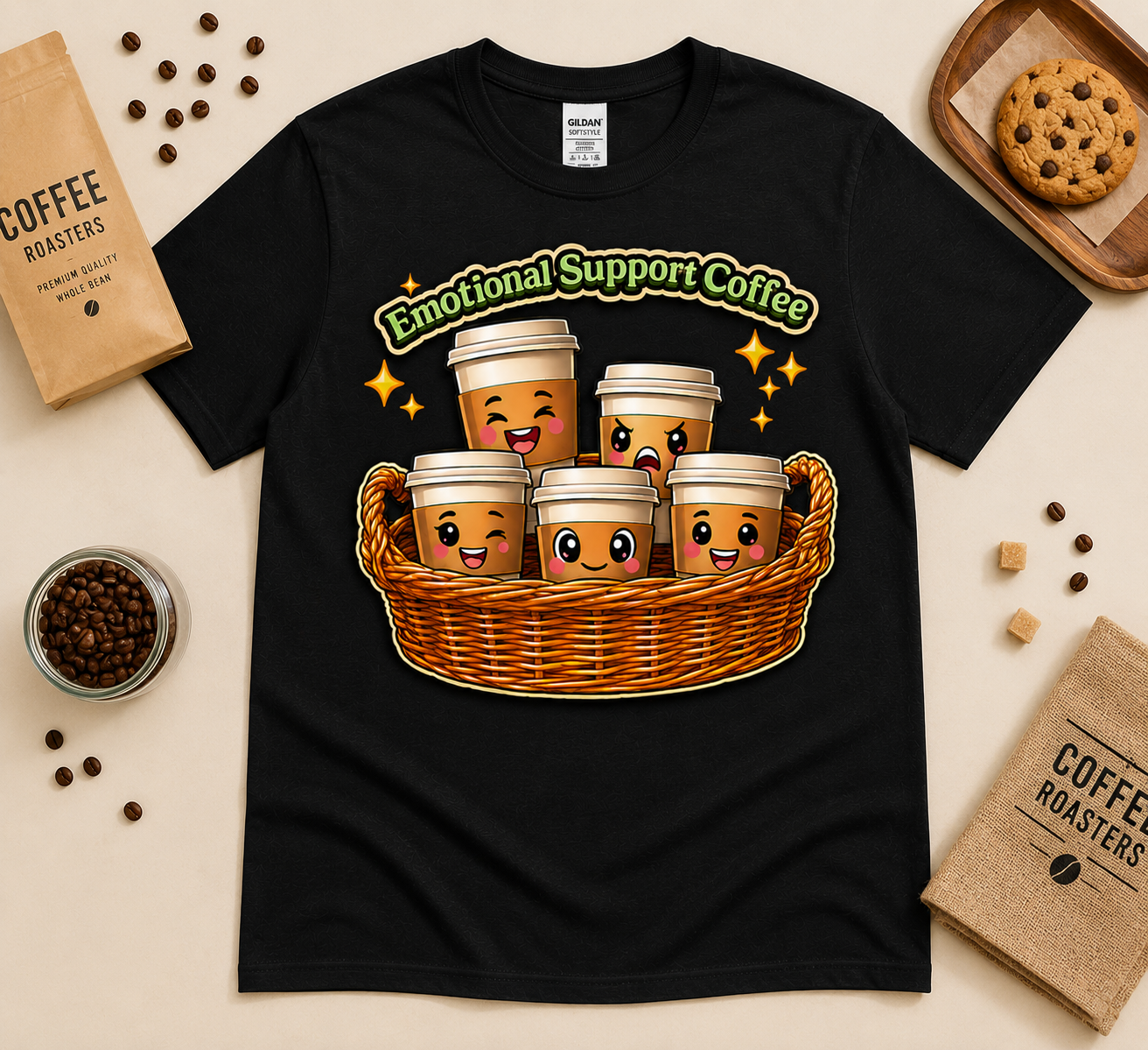 Black Emotional Support Coffee funny coffee lover graphic tee with kawaii coffee cup basket design and cozy coffee props