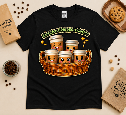 Black Emotional Support Coffee funny coffee lover graphic tee with kawaii coffee cup basket design and cozy coffee props