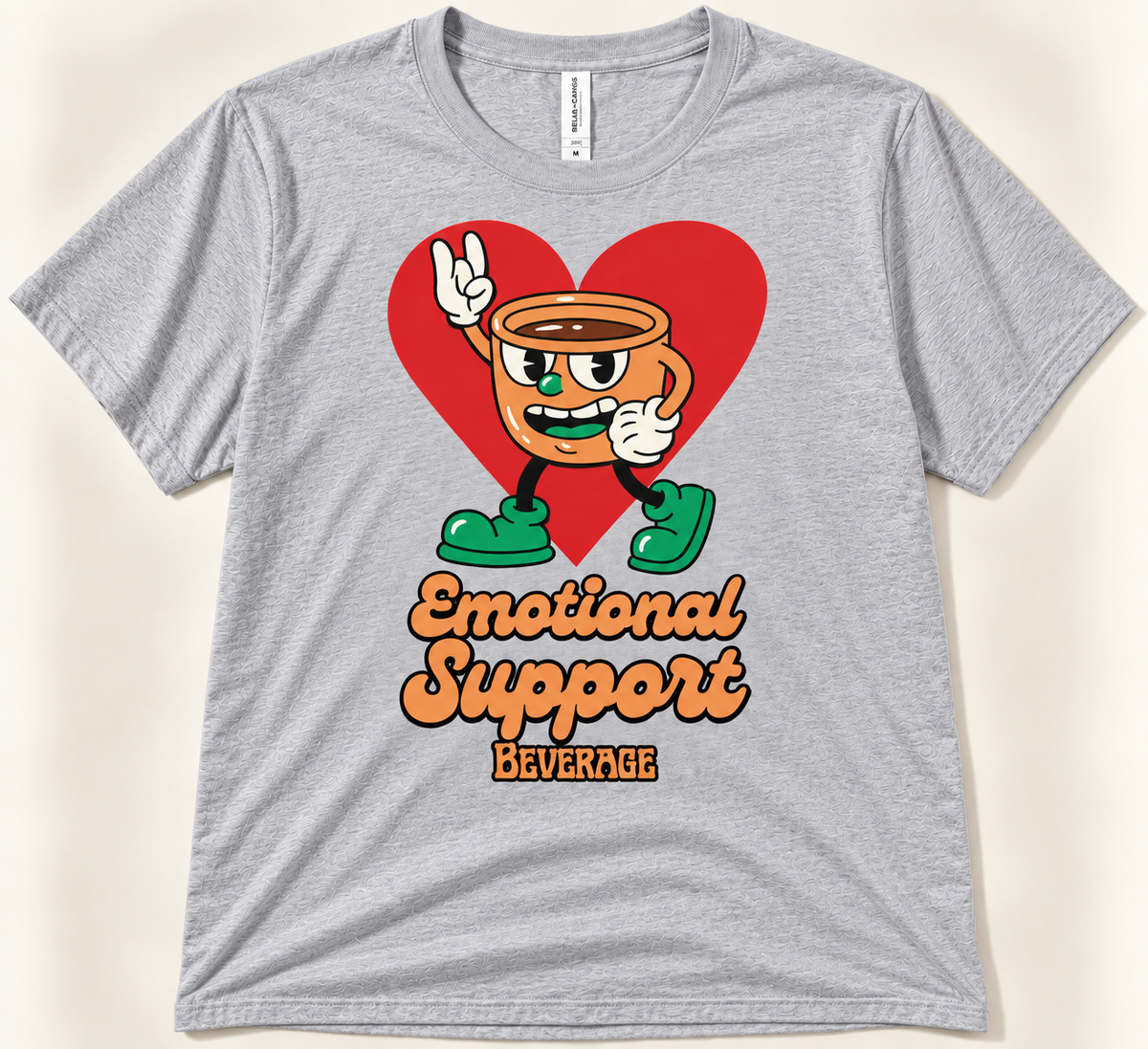Athletic heather Emotional Support Beverage tee with retro coffee cup and heart graphic