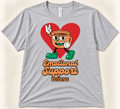 Athletic heather Emotional Support Beverage tee with retro coffee cup and heart graphic