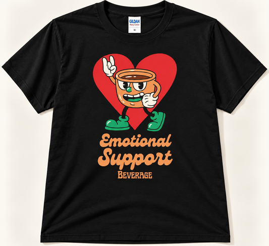 Black Emotional Support Beverage tee with retro coffee cup character and red heart graphic