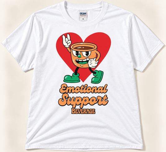 White Emotional Support Beverage tee with retro coffee character and colorful heart design