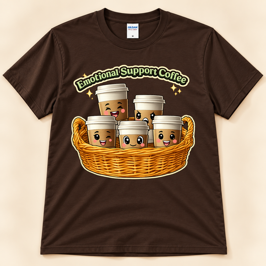 Dark Chocolate Gildan 5000 Emotional Support Coffee shirt featuring a basket filled with adorable kawaii coffee cups for coffee lovers from New Chapter Tees, a California small business.