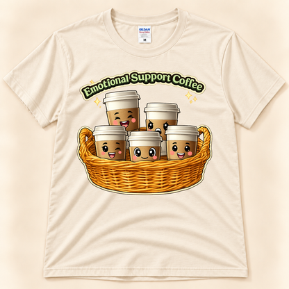 Natural Gildan 5000 Emotional Support Coffee graphic tee featuring cute kawaii coffee cups with playful faces in a woven basket from New Chapter Tees, a California small business.
