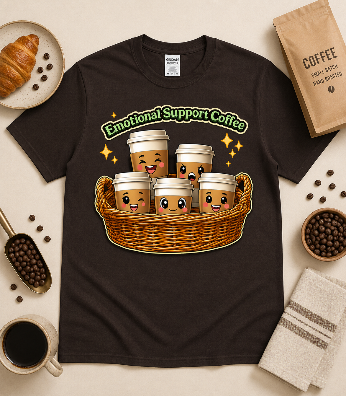 Dark Chocolate brown Emotional Support Coffee graphic tee featuring cute coffee cup characters and cozy coffee flat lay stylin