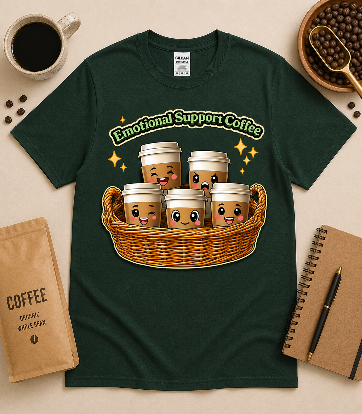 Forest Green Emotional Support Coffee cute coffee shirt with kawaii coffee basket graphic and cozy neutral props