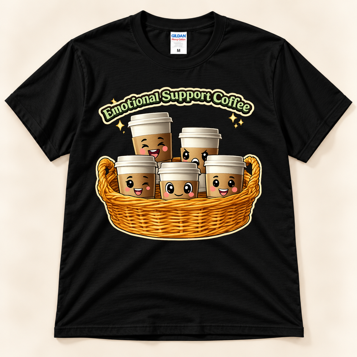 Black Gildan 5000 Emotional Support Coffee tee featuring cute expressive kawaii coffee cups gathered in a basket from New Chapter Tees, a California small business.