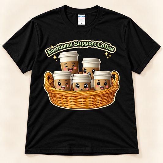 Black Gildan 5000 Emotional Support Coffee tee featuring cute expressive kawaii coffee cups gathered in a basket from New Chapter Tees, a California small business.
