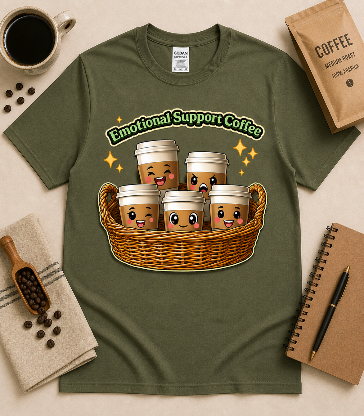 Military Green Emotional Support Coffee graphic tee featuring kawaii coffee cups and cozy coffee lover flat lay aesthetic