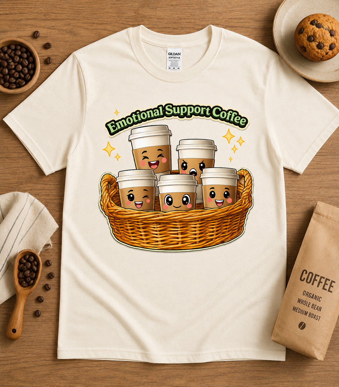 Natural beige Emotional Support Coffee graphic tee with kawaii coffee cup basket design and cozy coffee themed flat lay props