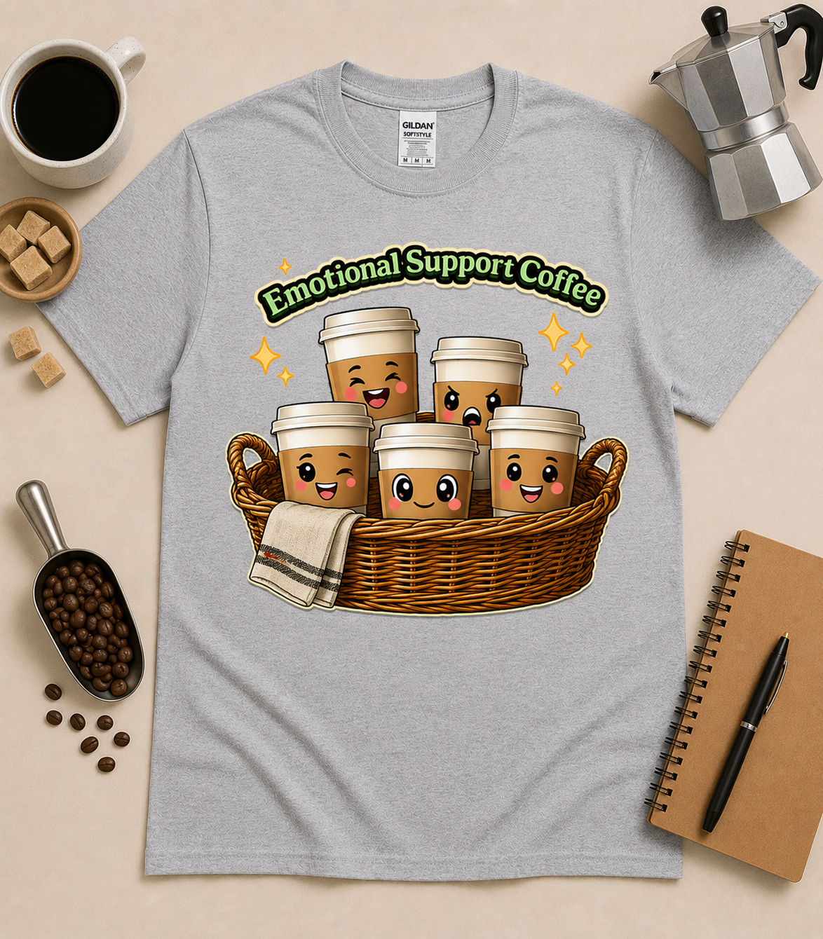 Sport Grey Emotional Support Coffee kawaii coffee lover shirt with cute basket coffee cup graphic and café themed props