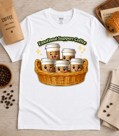White Emotional Support Coffee cute coffee aesthetic shirt with kawaii coffee cup basket graphic and cozy café props