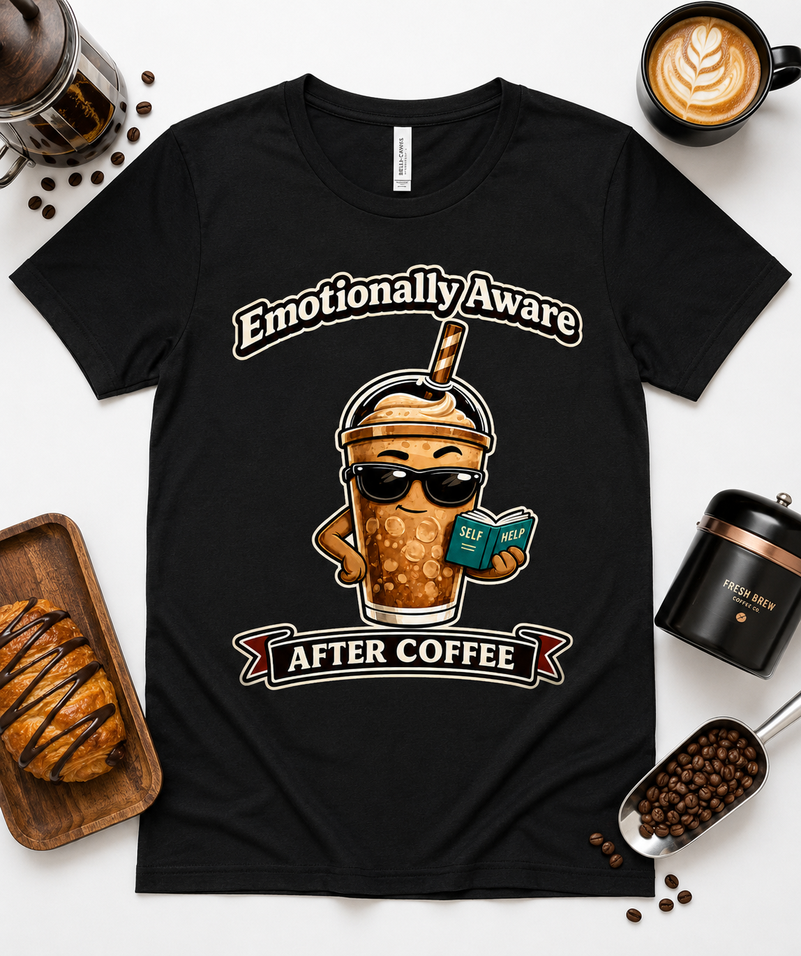 Black Bella Canvas 3001 Emotionally Aware After Coffee premium soft graphic tee for coffee lovers