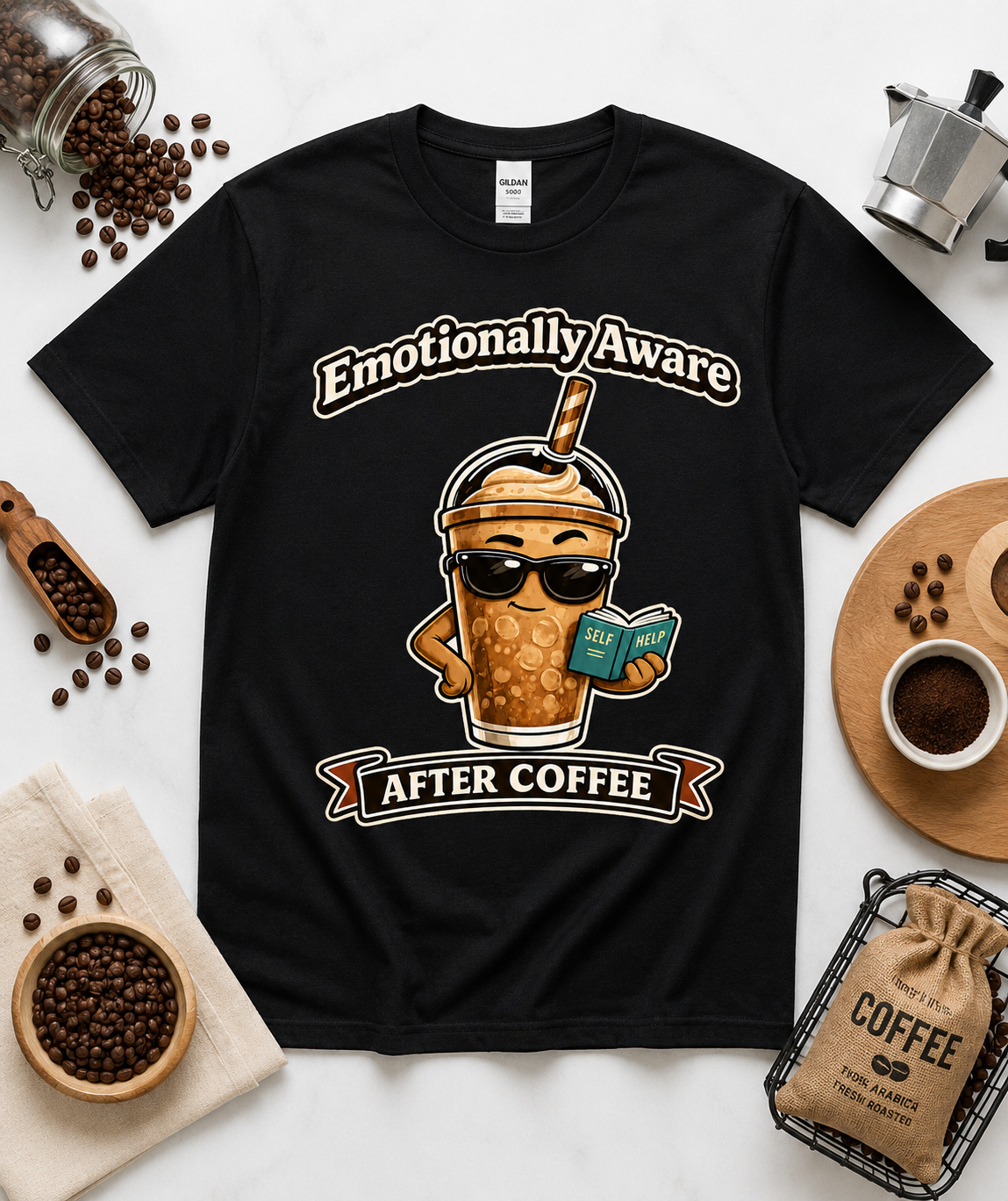 Emotionally Aware After Coffee black Gildan 5000 funny iced coffee graphic tee for coffee lovers