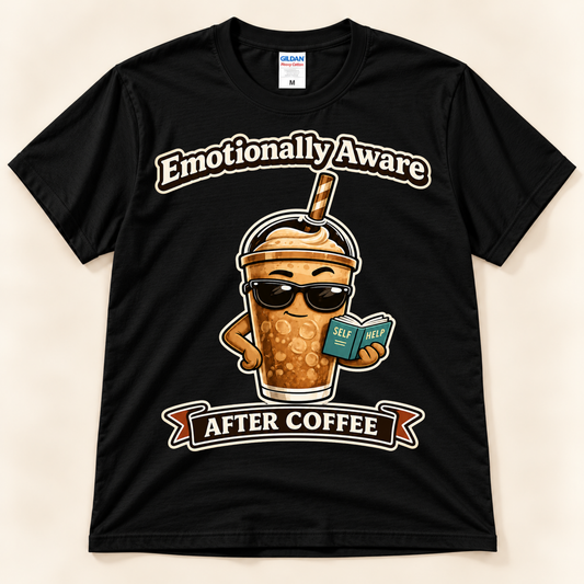 Black Gildan 5000 Emotionally Aware After Coffee graphic tee featuring a funny iced coffee character wearing sunglasses and reading a self help book from New Chapter Tees, a California small business.