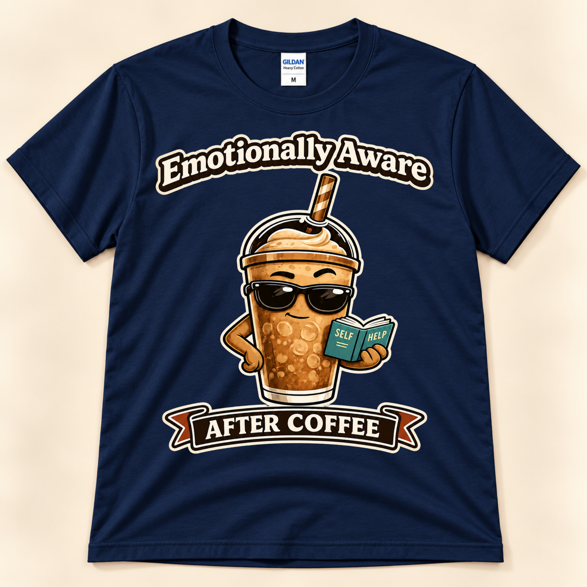 Navy Gildan 5000 Emotionally Aware After Coffee coffee lover tee featuring a funny iced coffee character reading a self help book from New Chapter Tees, a California small business.