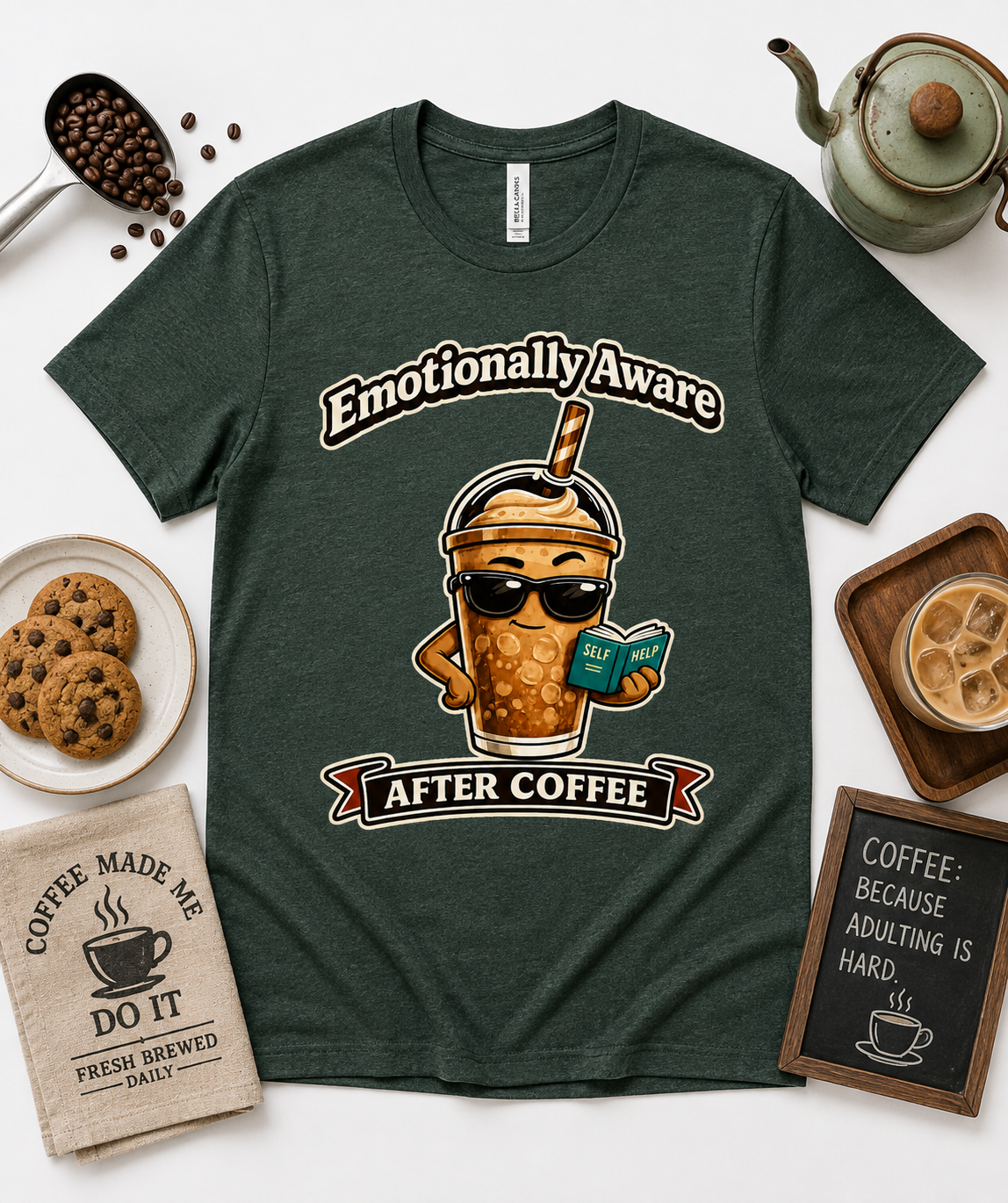 Heather forest Bella Canvas 3001 Emotionally Aware After Coffee soft funny coffee graphic tee