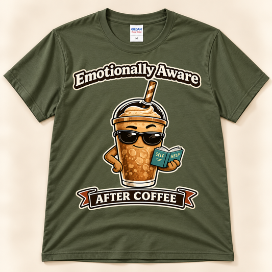 Military Green Gildan 5000 Emotionally Aware After Coffee shirt featuring a cute iced coffee character with sunglasses and a self help book from New Chapter Tees, a California small business.