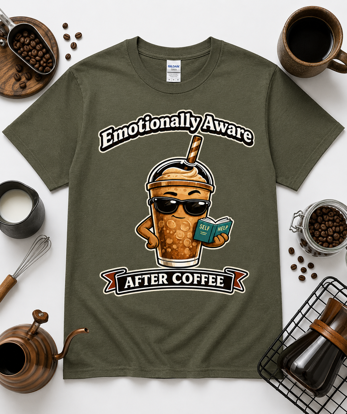 Military green Gildan 5000 Emotionally Aware After Coffee funny coffee lover graphic shirt