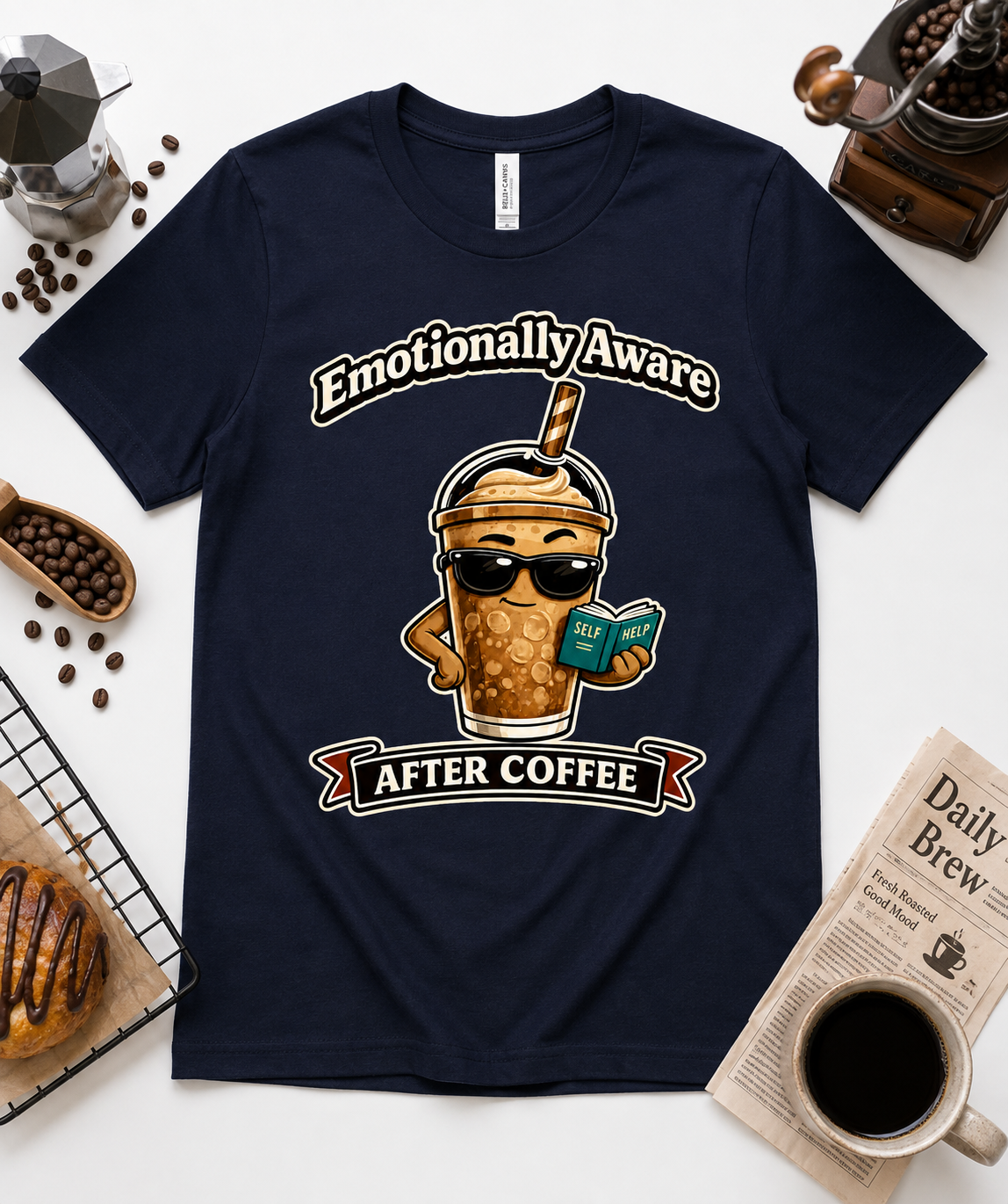 Navy Bella Canvas 3001 Emotionally Aware After Coffee premium soft coffee lover graphic tee