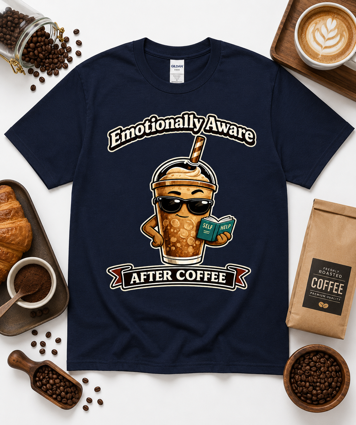Navy Gildan 5000 Emotionally Aware After Coffee cute funny coffee graphic shirt for coffee fans