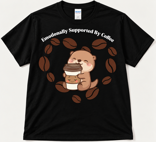 Black coffee lover graphic tee with cute otter hugging coffee, funny unisex gift shirt