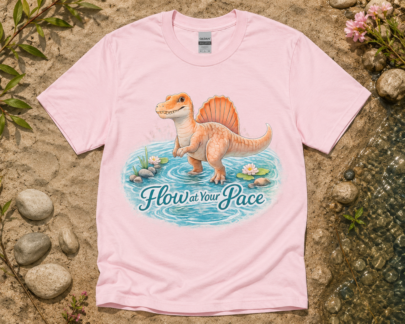 Flow at Your Pace Spinosaurus dinosaur graphic shirt on Light Pink Gildan 5000 unisex tee cute calming dinosaur gift for women girls USA