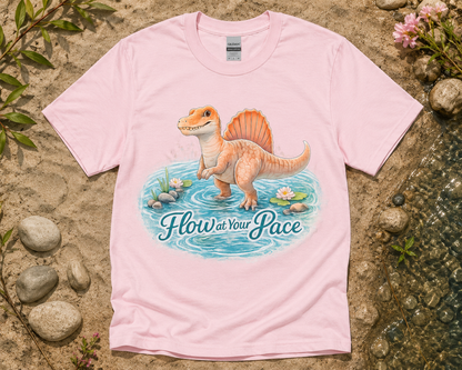 Flow at Your Pace Spinosaurus dinosaur graphic shirt on Light Pink Gildan 5000 unisex tee cute calming dinosaur gift for women girls USA