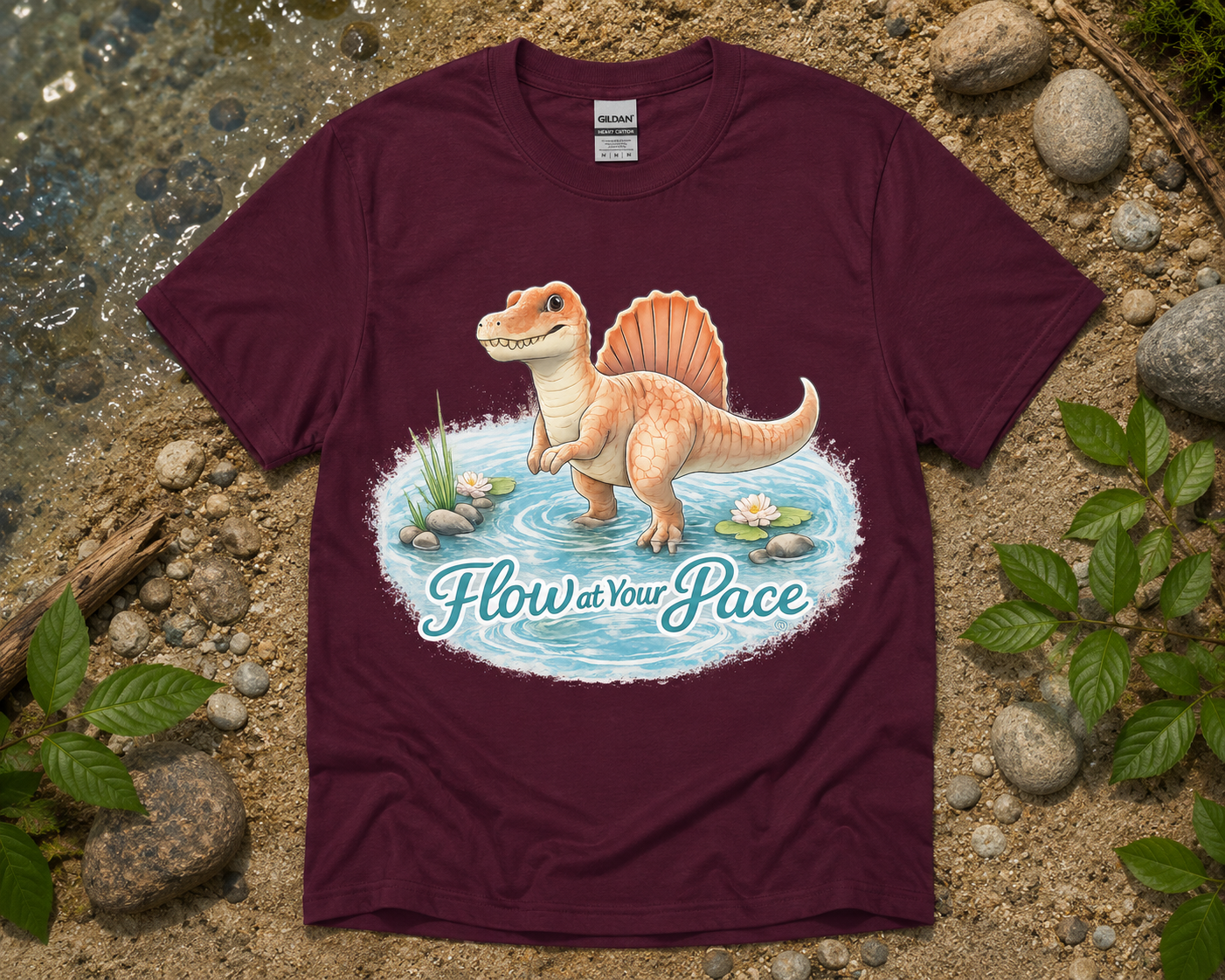 Flow at Your Pace Spinosaurus dinosaur graphic shirt on Maroon Gildan 5000 unisex tee peaceful funny dinosaur graphic apparel USA