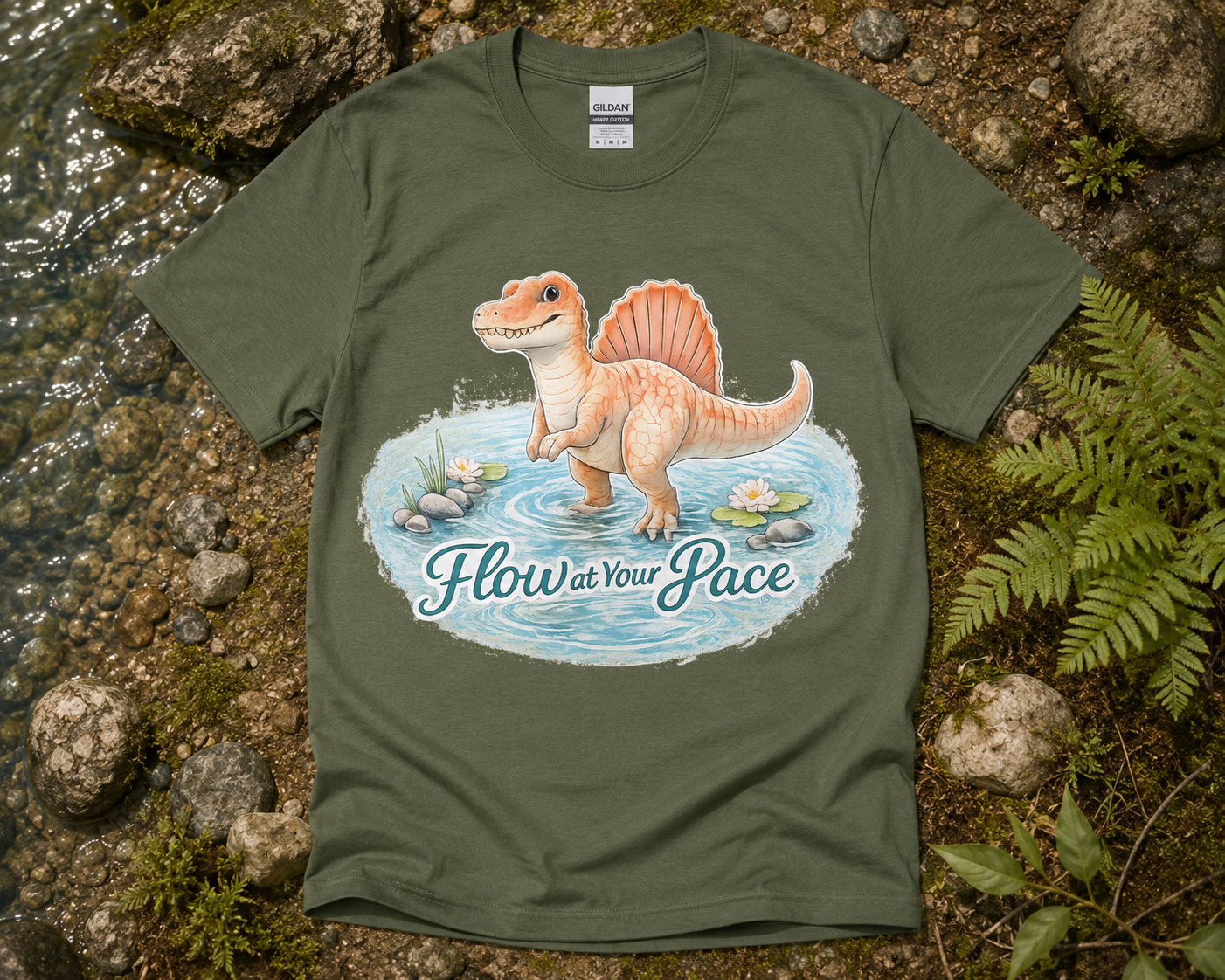 Flow at Your Pace Spinosaurus dinosaur graphic shirt on Military Green Gildan 5000 tee outdoor river dinosaur graphic apparel USA
