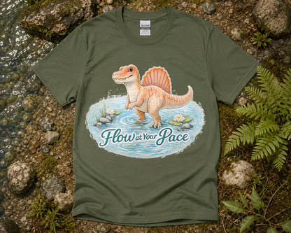 Flow at Your Pace Spinosaurus dinosaur graphic shirt on Military Green Gildan 5000 tee outdoor river dinosaur graphic apparel USA