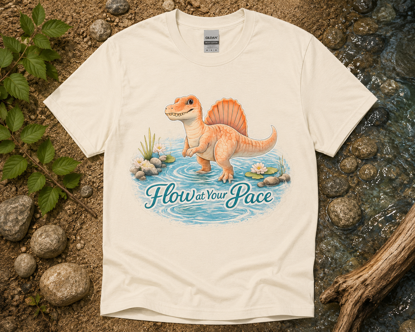 Flow at Your Pace Spinosaurus dinosaur graphic shirt on Natural Gildan 5000 unisex tee with river scene peaceful dinosaur apparel USA