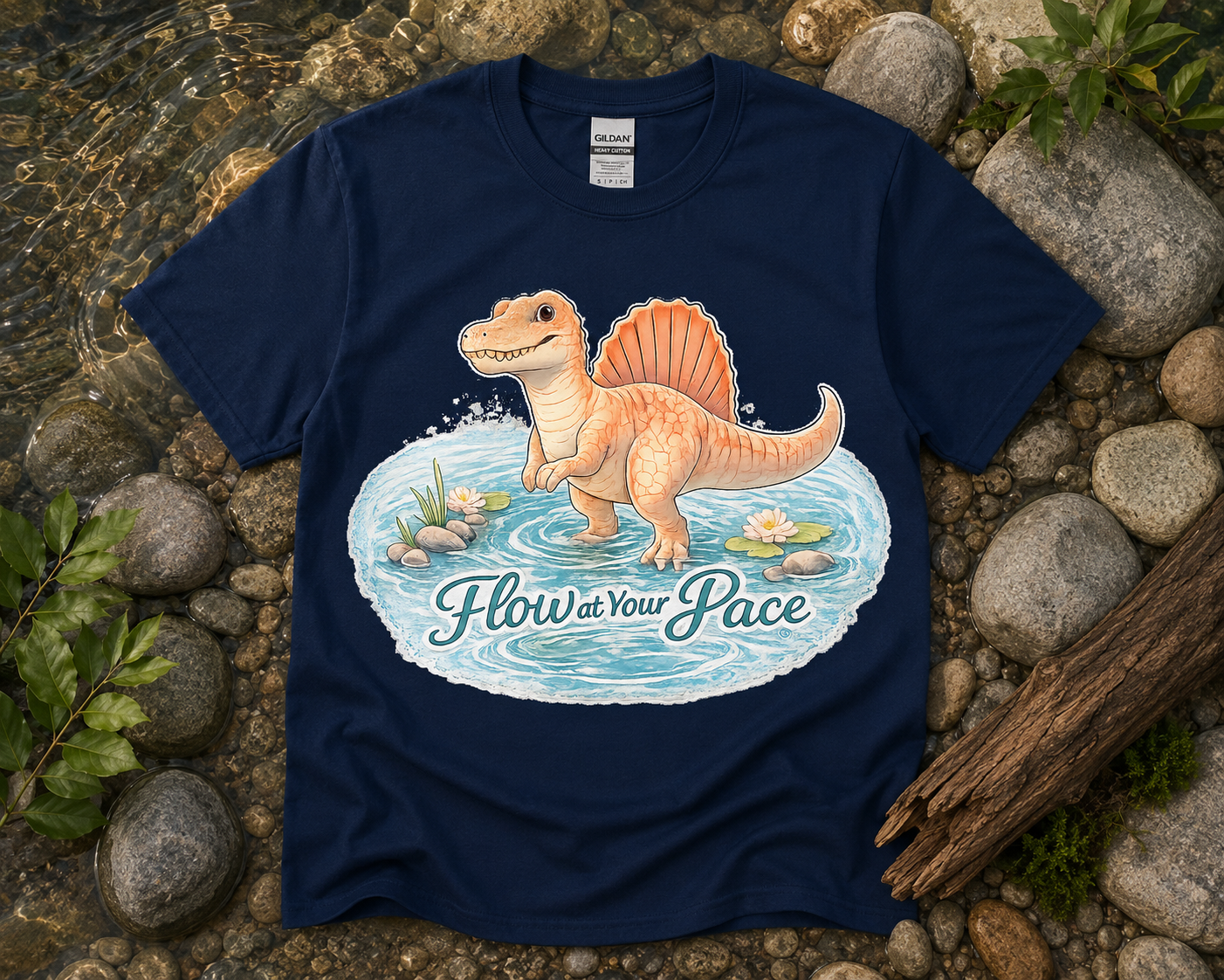 Flow at Your Pace Spinosaurus dinosaur graphic shirt on navy Gildan 5000 unisex tee with peaceful river design funny soft life dinosaur apparel gift USA
