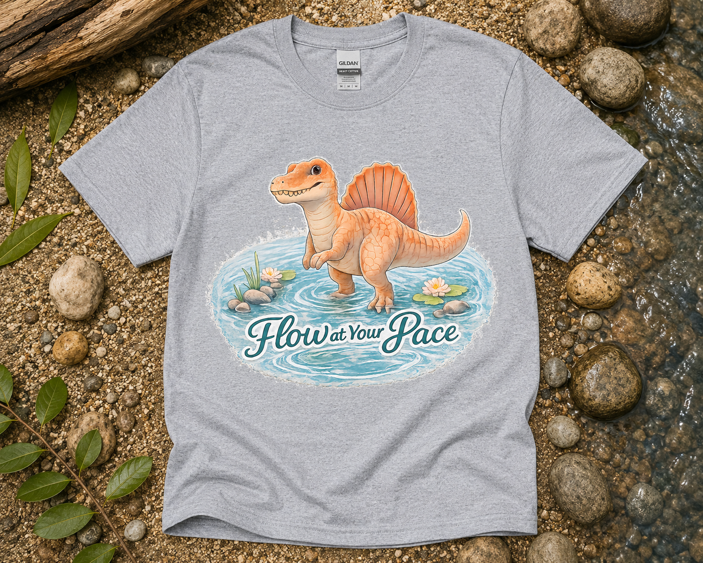 Flow at Your Pace Spinosaurus dinosaur graphic shirt on Sport Gray Gildan 5000 unisex tee funny relaxing dinosaur shirt gift USA