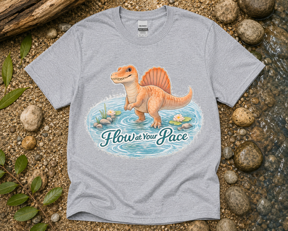 Flow at Your Pace Spinosaurus dinosaur graphic shirt on Sport Gray Gildan 5000 unisex tee funny relaxing dinosaur shirt gift USA