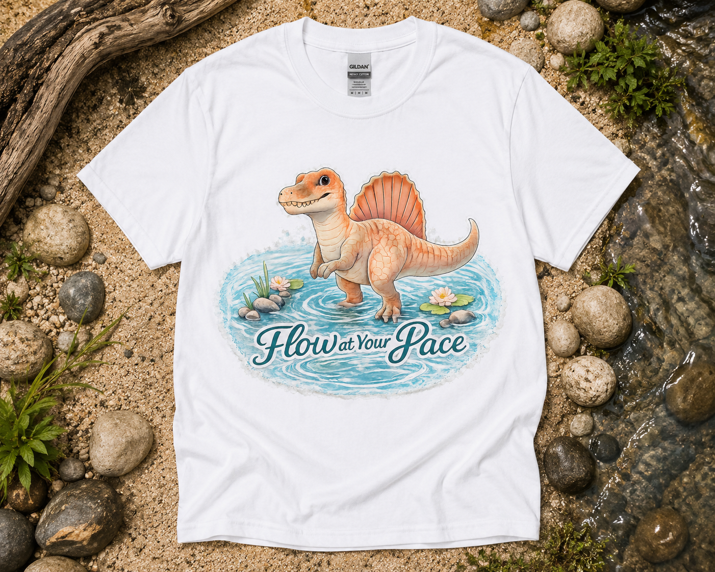 Flow at Your Pace Spinosaurus dinosaur graphic shirt on white Gildan 5000 unisex tee featuring calming river artwork cute dinosaur shirt USA