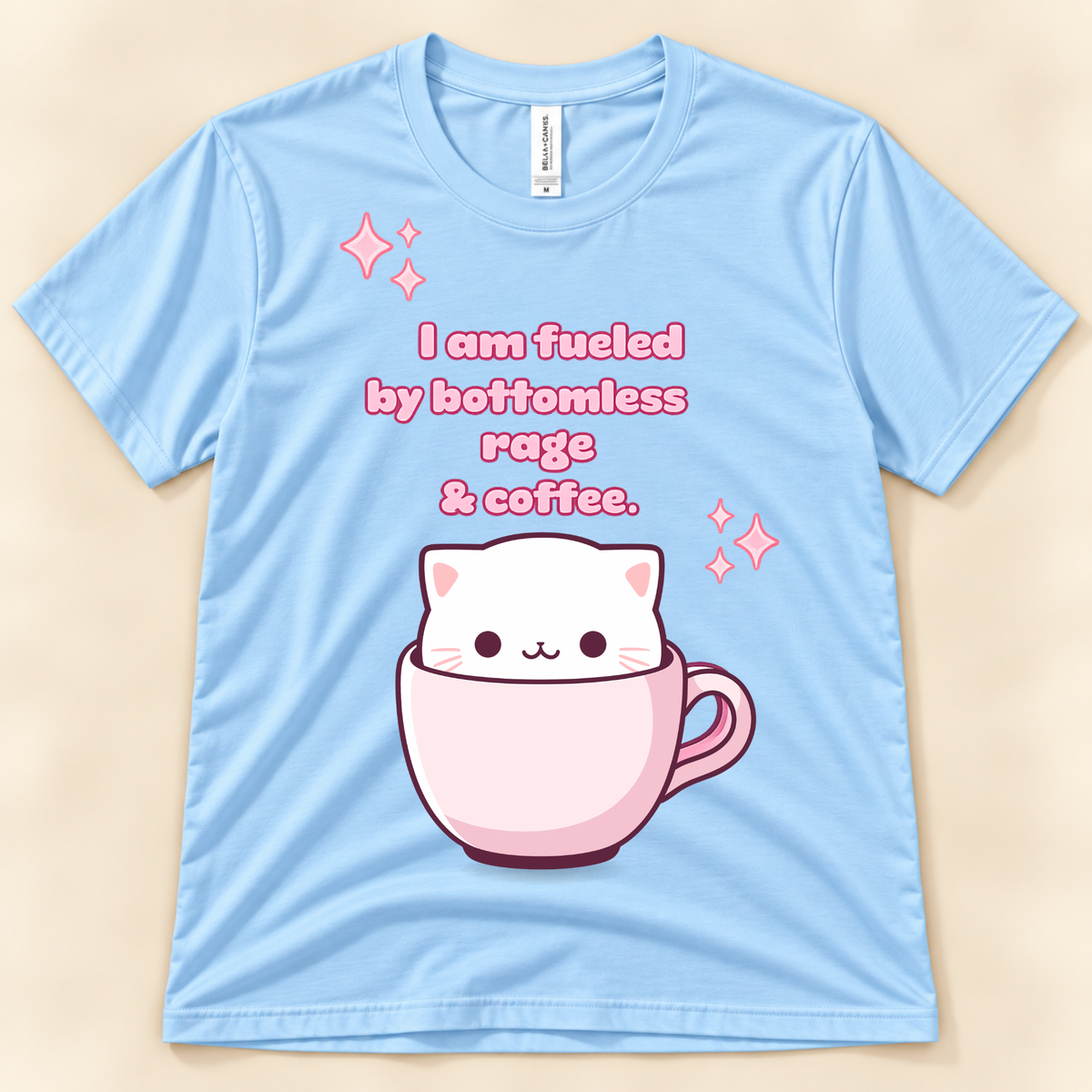 Baby Blue Bella Canvas 3001 kawaii cat coffee tee with a white cat in a pink cup, sparkles and funny rage and coffee design.