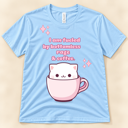 Baby Blue Bella Canvas 3001 kawaii cat coffee tee with a white cat in a pink cup, sparkles and funny rage and coffee design.