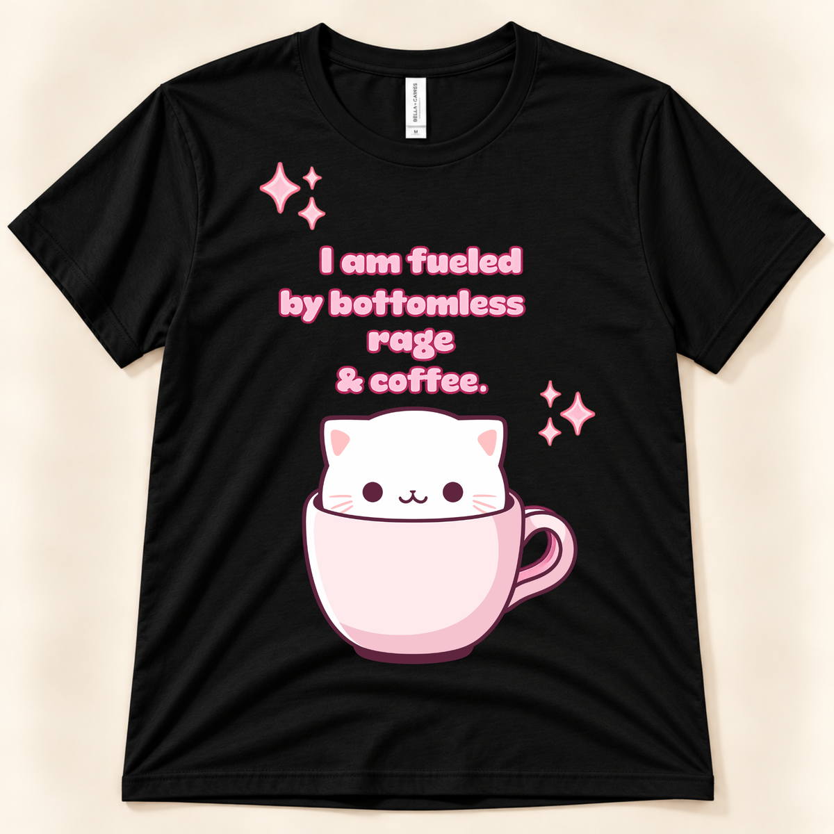 Black Bella Canvas 3001 funny coffee shirt featuring a cute white cat in a pink cup with a bottomless rage and coffee saying.