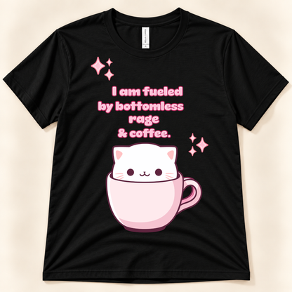 Black Bella Canvas 3001 funny coffee shirt featuring a cute white cat in a pink cup with a bottomless rage and coffee saying.