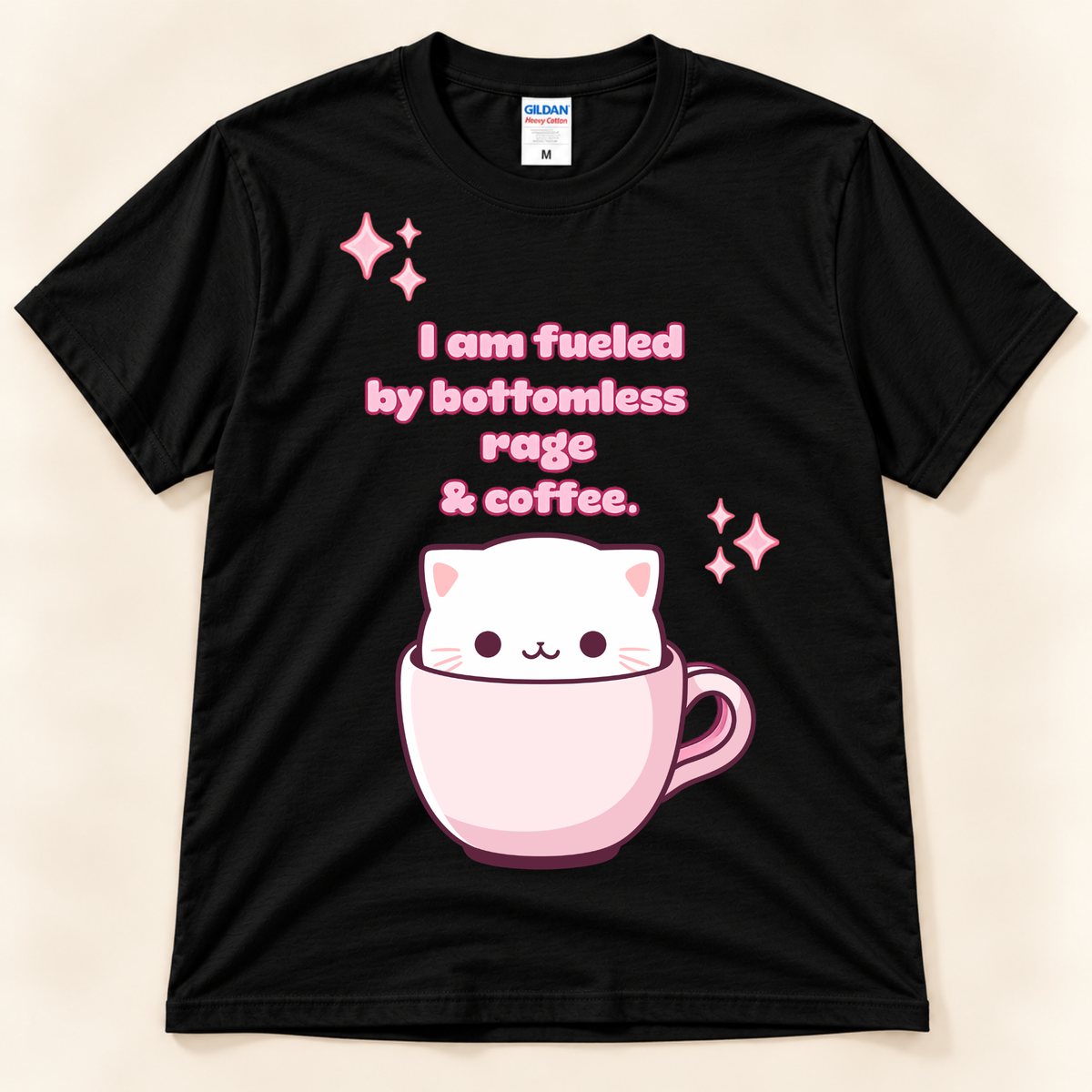 Black Gildan 5000 funny coffee graphic tee with a cute white cat in a pink cup and bottomless rage and coffee saying.