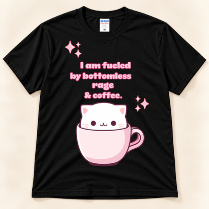 Black Gildan 5000 funny coffee graphic tee with a cute white cat in a pink cup and bottomless rage and coffee saying.