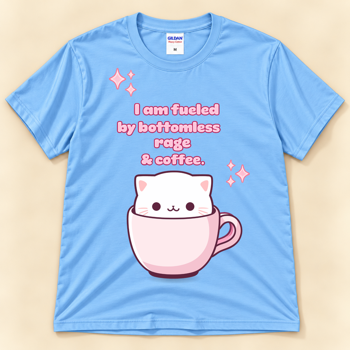 Carolina Blue Gildan 5000 coffee cat tee featuring a cute white cat in a pink cup with a funny rage and coffee saying.
