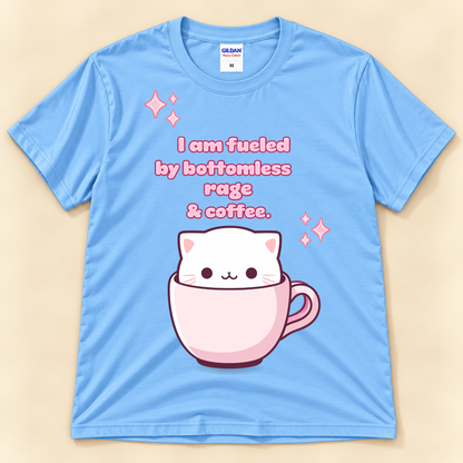 Carolina Blue Gildan 5000 coffee cat tee featuring a cute white cat in a pink cup with a funny rage and coffee saying.