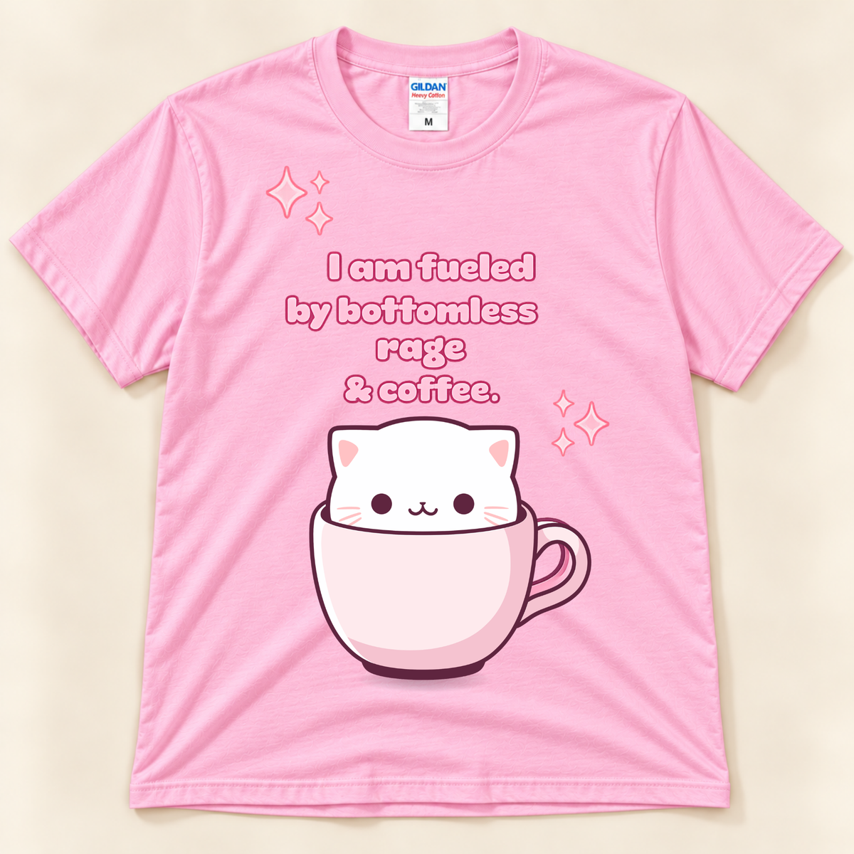 Light Pink Gildan 5000 funny cat coffee shirt with a kawaii white cat, pink coffee cup, sparkles and sarcastic coffee saying.