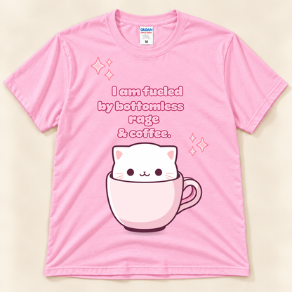 Light Pink Gildan 5000 funny cat coffee shirt with a kawaii white cat, pink coffee cup, sparkles and sarcastic coffee saying.