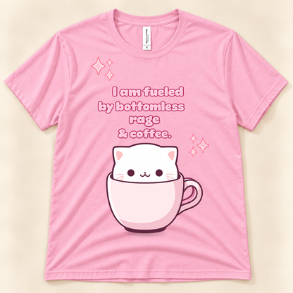 Pink Bella Canvas 3001 funny cat coffee graphic tee featuring a cute white cat in a pink cup with a sarcastic coffee saying.