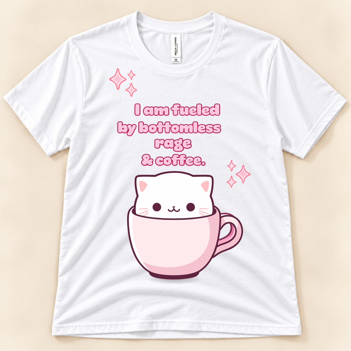 White Bella Canvas 3001 cute coffee cat shirt with a pink cup, kawaii white cat and funny bottomless rage and coffee design.