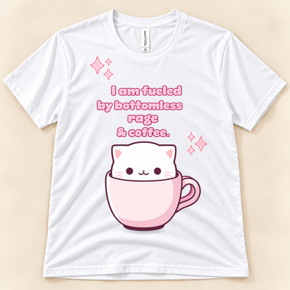 White Bella Canvas 3001 cute coffee cat shirt with a pink cup, kawaii white cat and funny bottomless rage and coffee design.